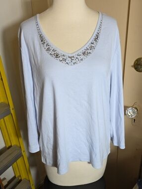 Women’s Light Blue Long-Sleeve V-Neck Top with Silver Embellishment